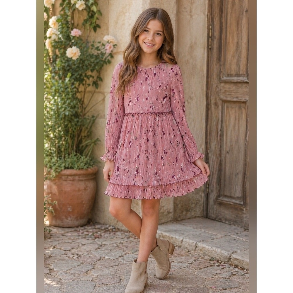 Hayden Girls Dusty Rose Floral Pleated‎ Dress size 13/14